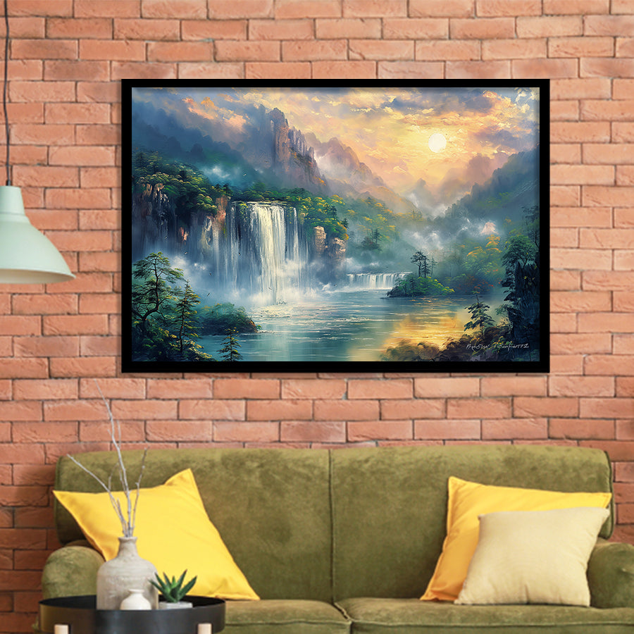 Waterfall And Forest In the Sunrise, Painting Art, Framed Art Print Wall Art Home Decor