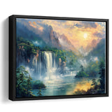 Waterfall And Forest In the Sunrise, Floating Frame, Framed Canvas Print Wall Art Home Decor