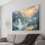 Waterfall And Forest In the Sunrise, Art Print, Canvas Print Wall Art Home Decor