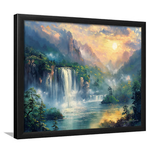 Waterfall And Forest In the Sunrise, Painting Art, Framed Art Print Wall Art Home Decor