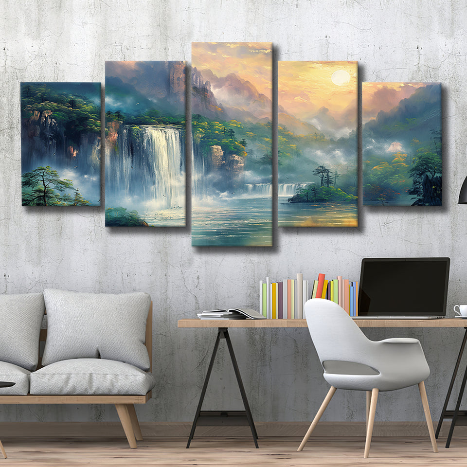 Waterfall And Forest In the Sunrise, Multi Panel,Mixed Canvas Print Wall Art Decor