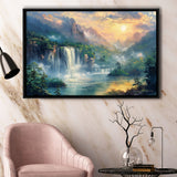 Waterfall And Forest In the Sunrise, Floating Frame, Framed Canvas Print Wall Art Home Decor