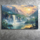 Waterfall And Forest In the Sunrise, Art Print, Canvas Print Wall Art Home Decor