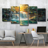 Waterfall In Forest Sunrise Oil Painting, Multi Panel,Mixed Canvas Print Wall Art Decor