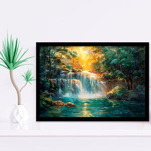 Waterfall In Forest Sunrise Oil Painting, Painting Art, Framed Art Print Wall Art Home Decor