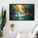 Waterfall In Forest Sunrise Oil Painting, Floating Frame, Framed Canvas Print Wall Art Home Decor