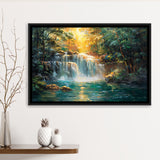 Waterfall In Forest Sunrise Oil Painting, Floating Frame, Framed Canvas Print Wall Art Home Decor