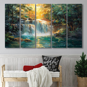 Waterfall In Forest Sunrise Oil Painting, Extra Large Canvas, Canvas Print Wall Art Decor