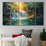 Waterfall In Forest Sunrise Oil Painting, Extra Large Canvas, Canvas Print Wall Art Decor