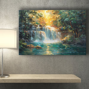 Waterfall In Forest Sunrise Oil Painting, Art Print, Canvas Print Wall Art Home Decor