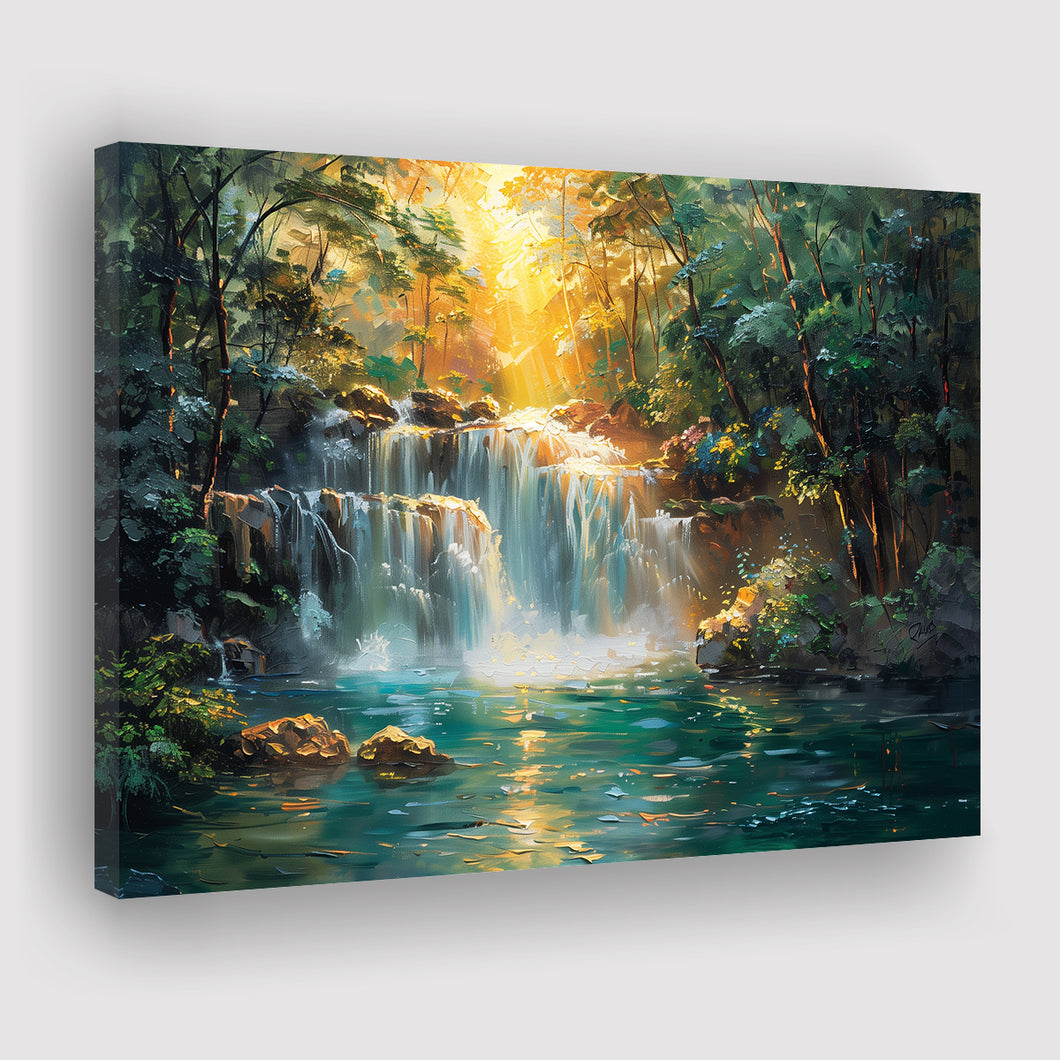 Waterfall In Forest Sunrise Oil Painting, Art Print, Canvas Print Wall Art Home Decor