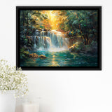 Waterfall In Forest Sunrise Oil Painting, Floating Frame, Framed Canvas Print Wall Art Home Decor