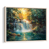 Waterfall In Forest Sunrise Oil Painting, Floating Frame, Framed Canvas Print Wall Art Home Decor