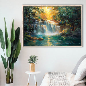 Waterfall In Forest Sunrise Oil Painting, Floating Frame, Framed Canvas Print Wall Art Home Decor