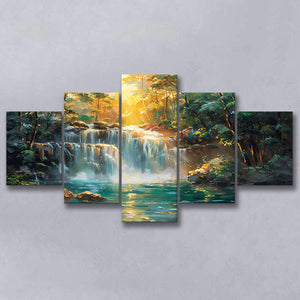 Waterfall In Forest Sunrise Oil Painting, Multi Panel,Mixed Canvas Print Wall Art Decor