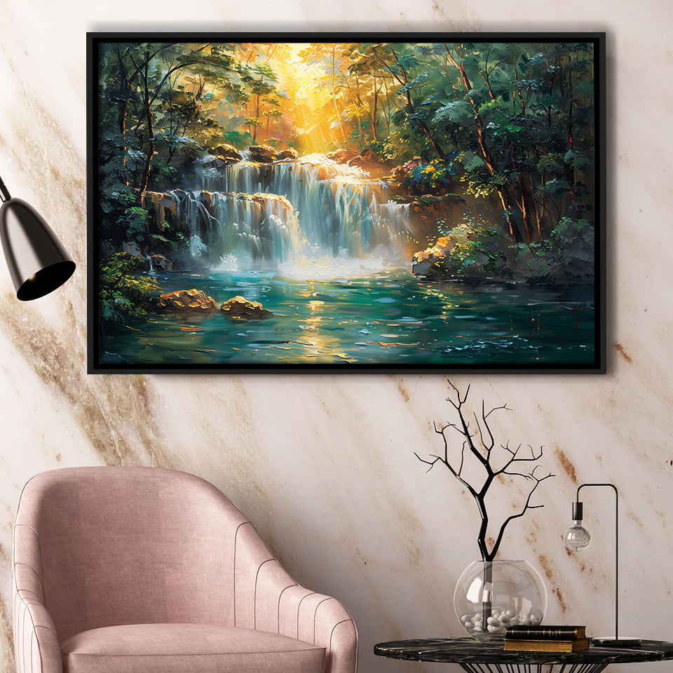 Waterfall In Forest Sunrise Oil Painting, Floating Frame, Framed Canvas Print Wall Art Home Decor