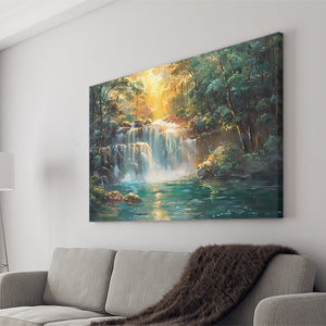 Waterfall In Forest Sunrise Oil Painting, Art Print, Canvas Print Wall Art Home Decor