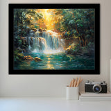 Waterfall In Forest Sunrise Oil Painting, Painting Art, Framed Art Print Wall Art Home Decor