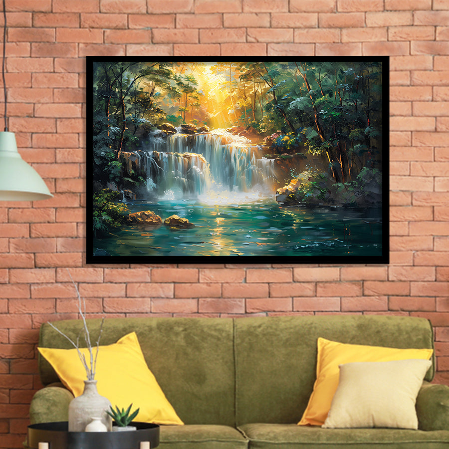 Waterfall In Forest Sunrise Oil Painting, Painting Art, Framed Art Print Wall Art Home Decor