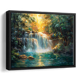 Waterfall In Forest Sunrise Oil Painting, Floating Frame, Framed Canvas Print Wall Art Home Decor