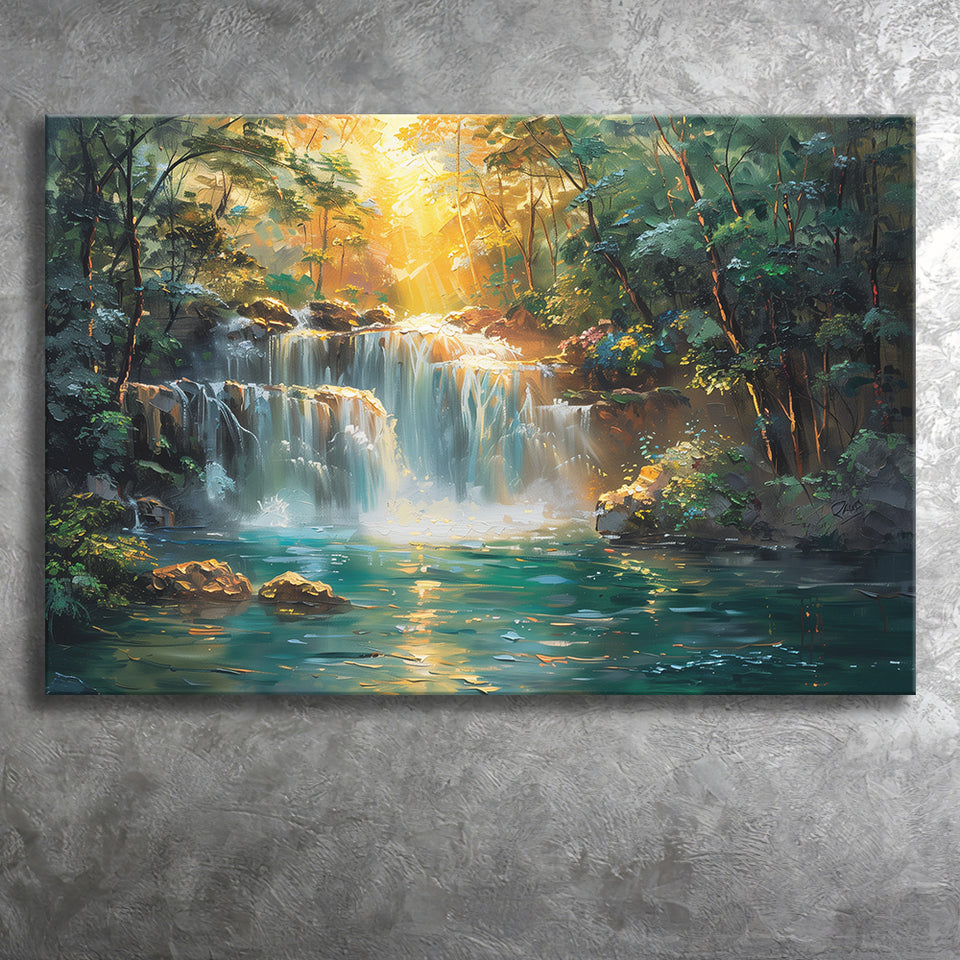 Waterfall In Forest Sunrise Oil Painting, Art Print, Canvas Print Wall Art Home Decor