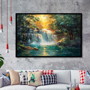 Waterfall In Forest Sunrise Oil Painting, Painting Art, Framed Art Print Wall Art Home Decor