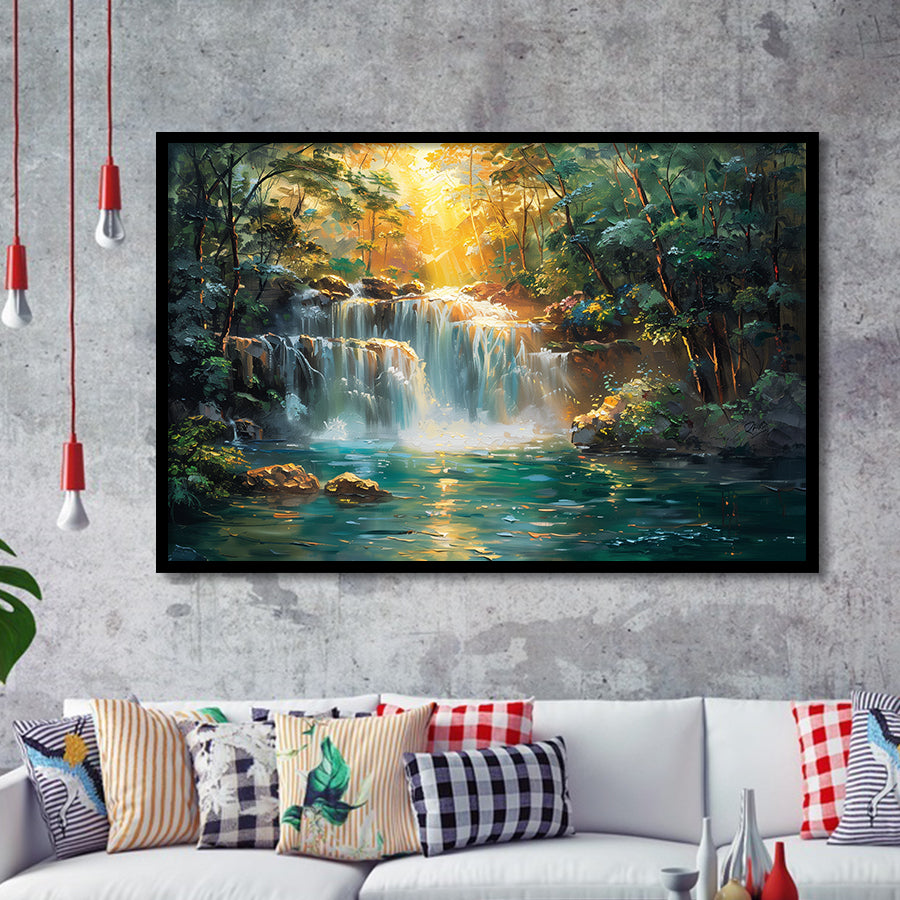 Waterfall In Forest Sunrise Oil Painting, Painting Art, Framed Art Print Wall Art Home Decor