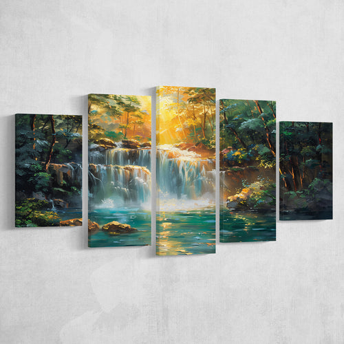 Waterfall In Forest Sunrise Oil Painting, Multi Panel,Mixed Canvas Print Wall Art Decor