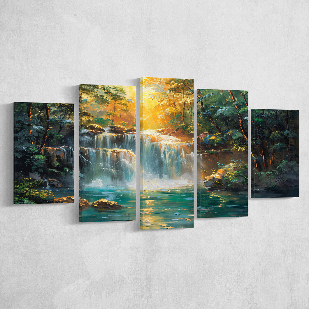 Waterfall In Forest Sunrise Oil Painting, Multi Panel,Mixed Canvas Print Wall Art Decor