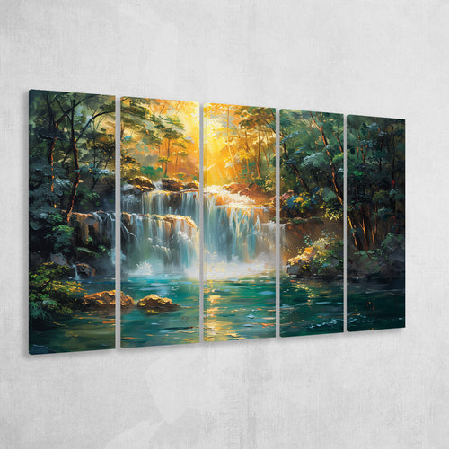 Waterfall In Forest Sunrise Oil Painting, Extra Large Canvas, Canvas Print Wall Art Decor