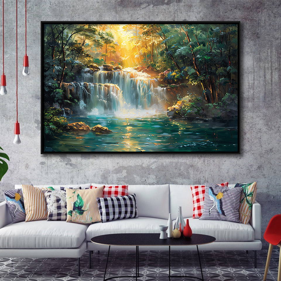 Waterfall In Forest Sunrise Oil Painting, Floating Frame, Framed Canvas Print Wall Art Home Decor