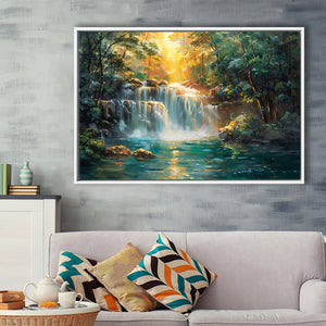 Waterfall In Forest Sunrise Oil Painting, Floating Frame, Framed Canvas Print Wall Art Home Decor