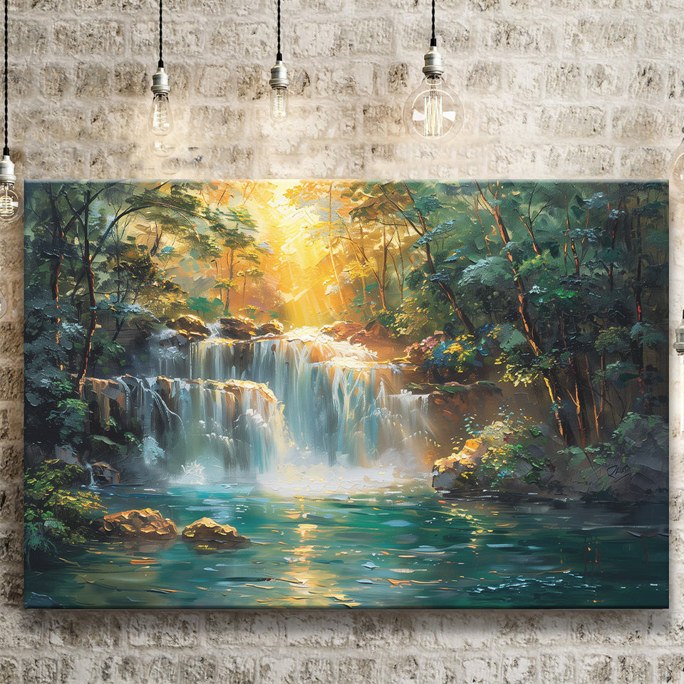 Waterfall In Forest Sunrise Oil Painting, Art Print, Canvas Print Wall Art Home Decor