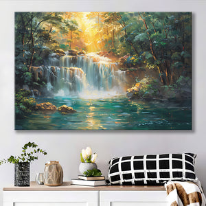 Waterfall In Forest Sunrise Oil Painting, Art Print, Canvas Print Wall Art Home Decor