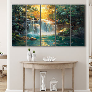 Waterfall In Forest Sunrise Oil Painting, Extra Large Canvas, Canvas Print Wall Art Decor