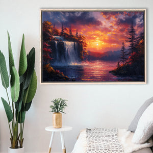 Waterfall In Sunset View Acrylic Painting, Floating Frame, Framed Canvas Print Wall Art Home Decor