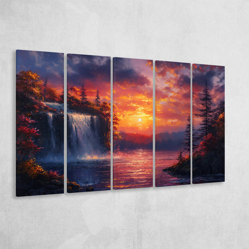 Waterfall In Sunset View Acrylic Painting, Extra Large Canvas, Canvas Print Wall Art Decor