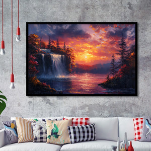 Waterfall In Sunset View Acrylic Painting, Painting Art, Framed Art Print Wall Art Home Decor