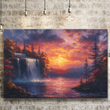 Waterfall In Sunset View Acrylic Painting, Art Print, Canvas Print Wall Art Home Decor