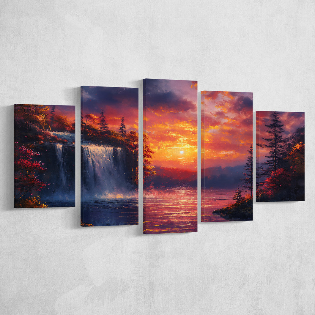 Waterfall In Sunset View Acrylic Painting, Multi Panel,Mixed Canvas Print Wall Art Decor