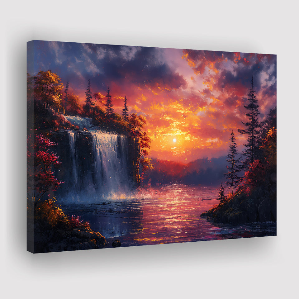 Waterfall In Sunset View Acrylic Painting, Art Print, Canvas Print Wall Art Home Decor