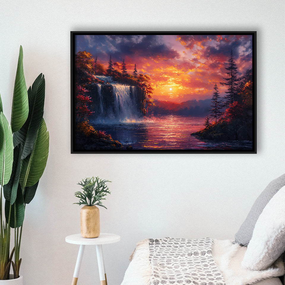 Waterfall In Sunset View Acrylic Painting, Floating Frame, Framed Canvas Print Wall Art Home Decor