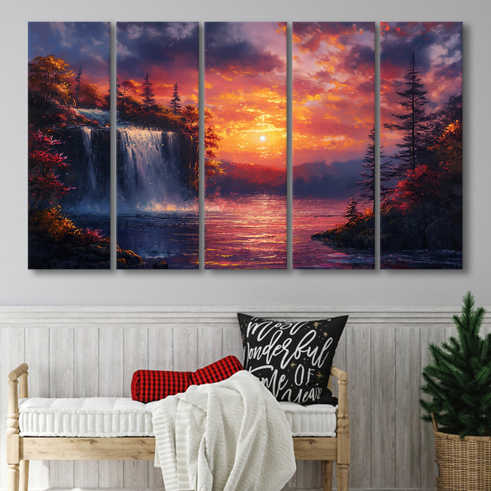 Waterfall In Sunset View Acrylic Painting, Extra Large Canvas, Canvas Print Wall Art Decor