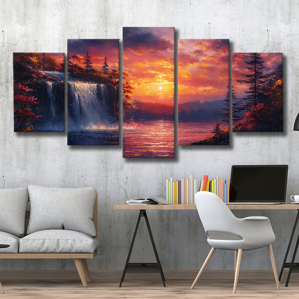 Waterfall In Sunset View Acrylic Painting, Multi Panel,Mixed Canvas Print Wall Art Decor