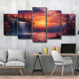 Waterfall In Sunset View Acrylic Painting, Multi Panel,Mixed Canvas Print Wall Art Decor