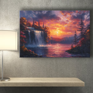 Waterfall In Sunset View Acrylic Painting, Art Print, Canvas Print Wall Art Home Decor