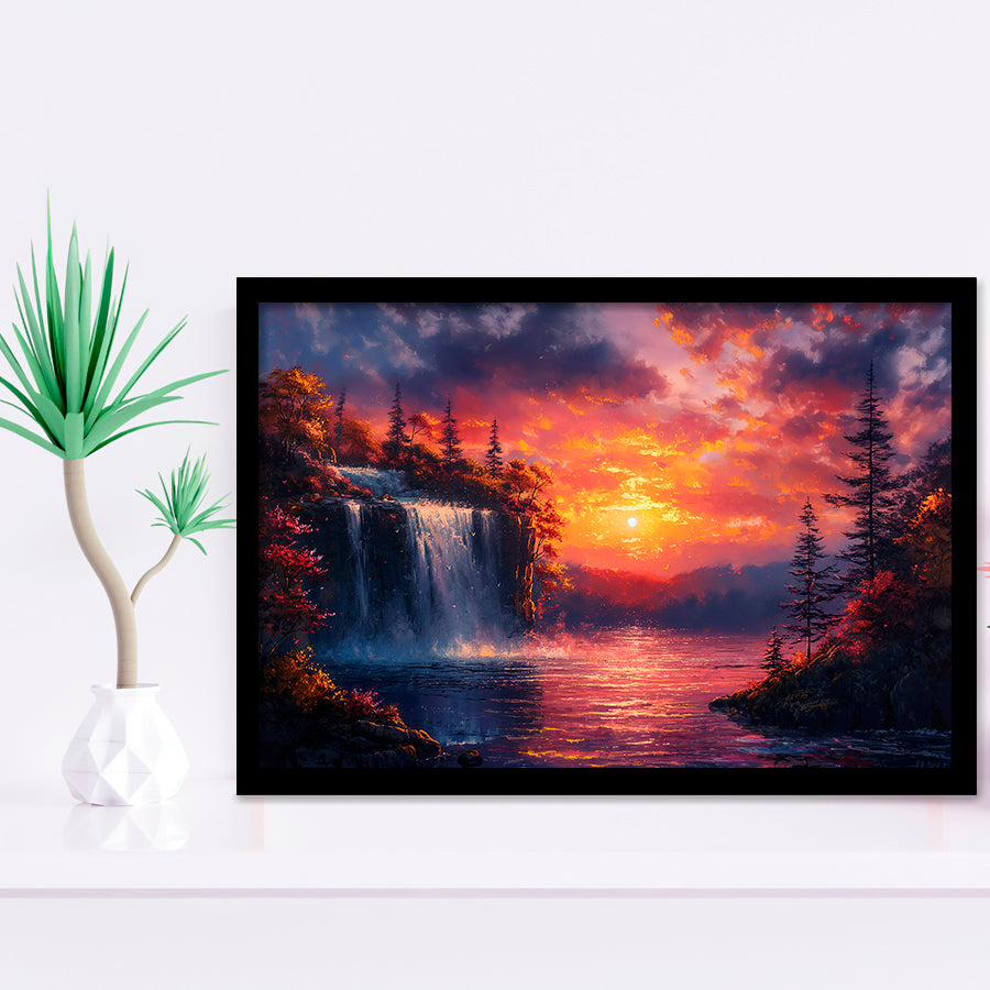 Waterfall In Sunset View Acrylic Painting, Painting Art, Framed Art Print Wall Art Home Decor