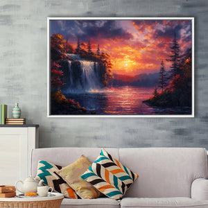 Waterfall In Sunset View Acrylic Painting, Floating Frame, Framed Canvas Print Wall Art Home Decor