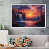 Waterfall In Sunset View Acrylic Painting, Floating Frame, Framed Canvas Print Wall Art Home Decor