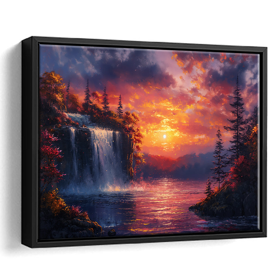 Waterfall In Sunset View Acrylic Painting, Floating Frame, Framed Canvas Print Wall Art Home Decor